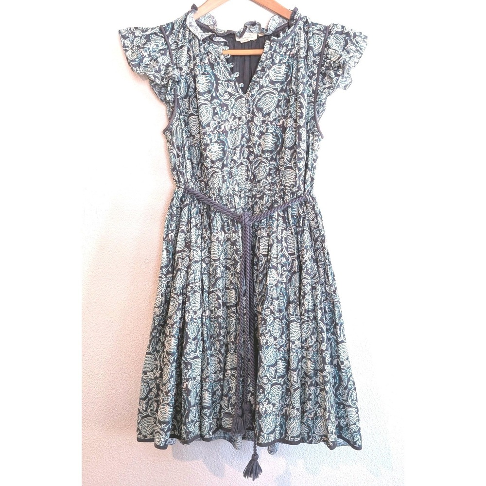Let Me Be Anthropologie Boho Paisley Fit & Flare Dress Flutter Sleeve Tie Waist